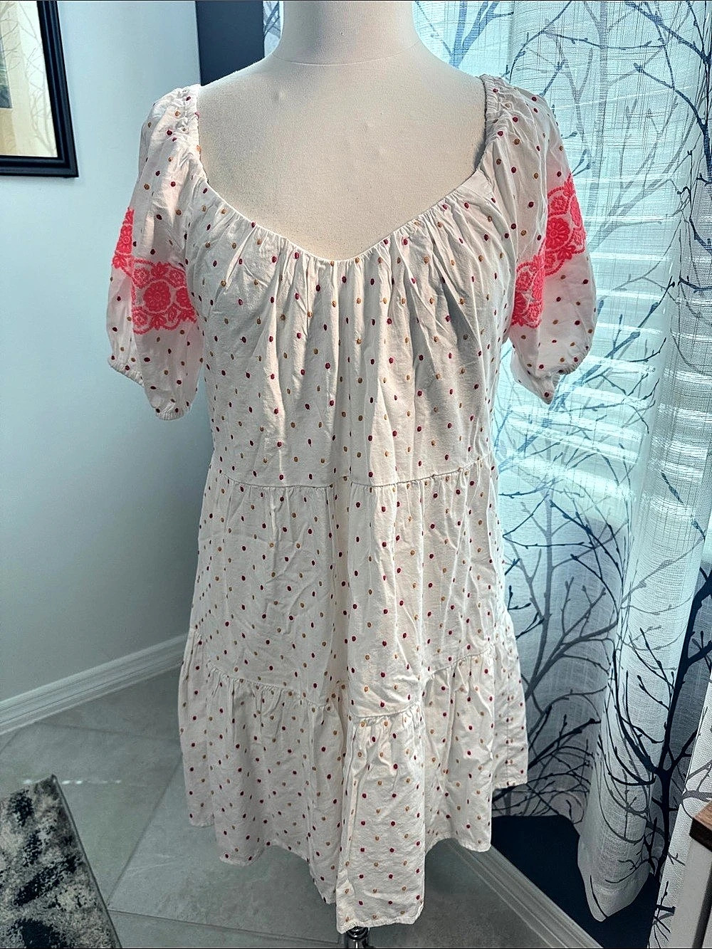 LOFT Petite Polka Dot Mini Dress White & Pink Size Medium NWT